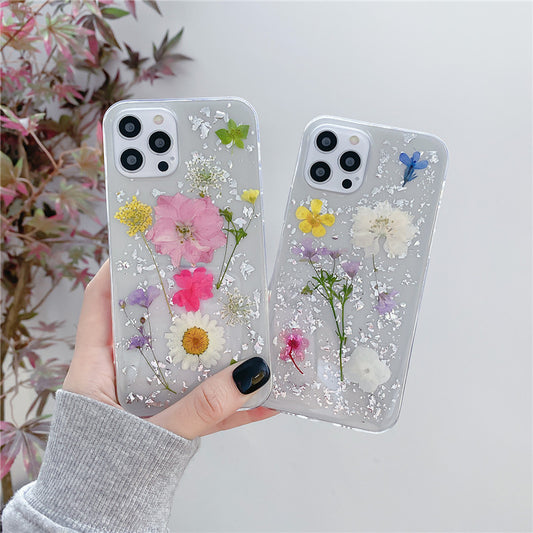 Silver Foil Dried Flowers Epoxy Phone Cases